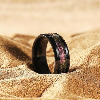 King Will Mens Galaxy Tungsten Wedding Band | 6mm/8mm, Beveled Edge, Comfort Fit, Durable, Sandstone Opal Inlay Polished, Everyday Wear - color: Black&Red&Yellow