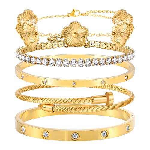 Camhanno Gold Bangles for Women - Stainless Steel Love & Friendship Bracelet Set with Gift Box | Daily Wear & Party Jewelry - color: Gold Bracelet Collection