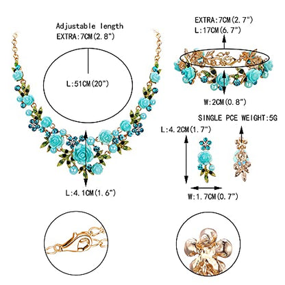 EVER FAITH Costume Jewelry Crystal Simulated Pearl Rose Flower Leaf Prom Party Statement Necklace Earrings Bracelet Set for Women - color: Light Blue Gold-Tone