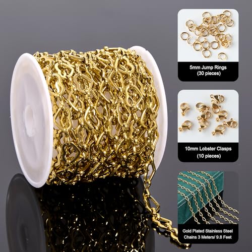 UMAOKANG 3 Meters Gold Plated Stainless Steel Chains for Jewelry Making Hollow Heart Chain Bulk on Spool with Jump Rings and Lobster Clasps - color: Heart Gold