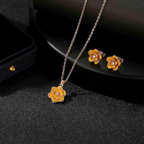 EVEVIC Dainty Flower Pendant Necklace Earrings for Women 14K Gold Plated Hypoallergenic Jewelry Sets - color: Yellow /Rose Gold-tone