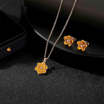 EVEVIC Dainty Flower Pendant Necklace Earrings for Women 14K Gold Plated Hypoallergenic Jewelry Sets - color: Yellow /Rose Gold-tone
