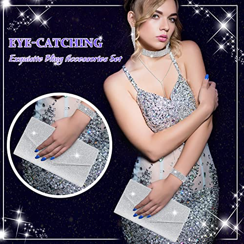 4 Pcs Silver Clutch Purse Jewelry Set for Women Rave Accessories Evening Rhinestone Purse Silver for Bride Wedding - style: Glitter Style