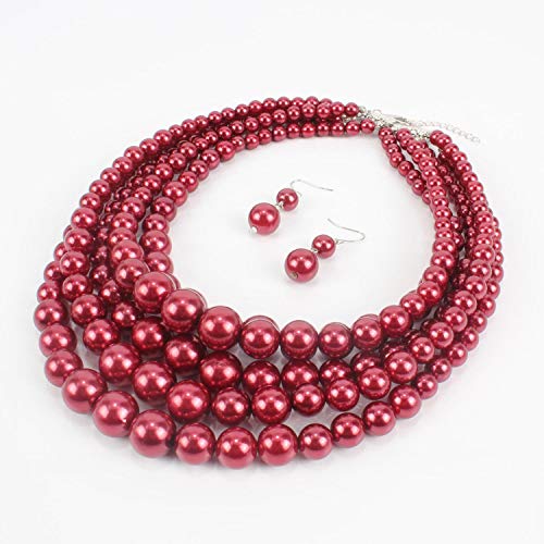 KOSMOS-LI Large Multi Layer Faux Pearl Strand Costume Jewelry Sets For Women Stocking Stuffers - color: Burgundy