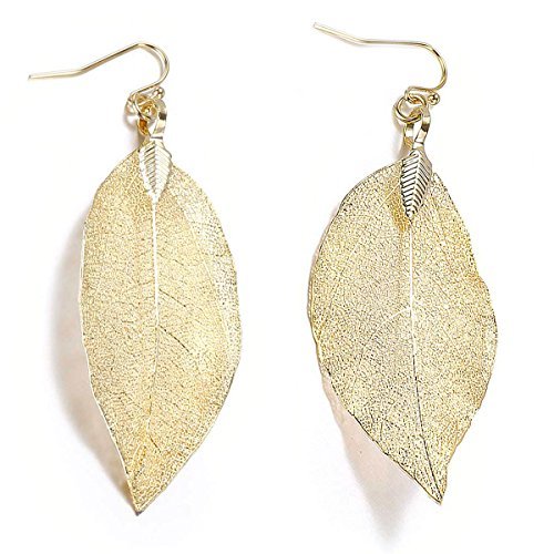 Filigree Long Leaf Pendant Dangle Necklace and Earring Jewelry Set | Beautiful Fashion Delicate Long Leaf Necklace Earrings For Women Trendy Boho - color: I-14K Gold Earrings