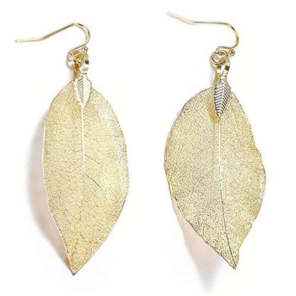 Filigree Long Leaf Pendant Dangle Necklace and Earring Jewelry Set | Beautiful Fashion Delicate Long Leaf Necklace Earrings For Women Trendy Boho - color: I-14K Gold Earrings