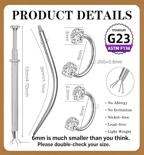 G23 Titanium Horseshoe Nose Ring 20G, 2 Pcs Double Gem Nose Ring for Women, 6mm 7mm 8mm Hypoallergenic Horseshoe Nose Rings Helix Tragus Earring Hoops Labret Lip Piercing Jewelry Small Septum Rings - color: 20G-6mm+8mm-2 Pcs Silver-White CZ