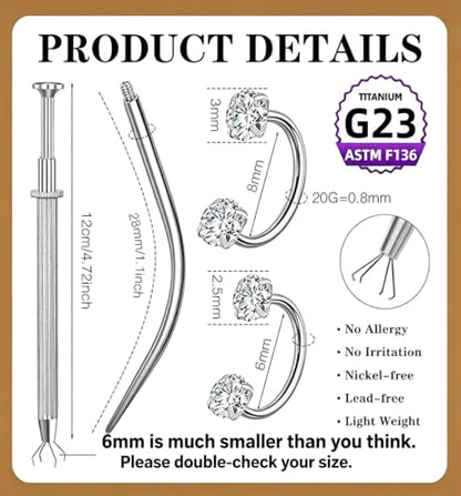 G23 Titanium Horseshoe Nose Ring 20G, 2 Pcs Double Gem Nose Ring for Women, 6mm 7mm 8mm Hypoallergenic Horseshoe Nose Rings Helix Tragus Earring Hoops Labret Lip Piercing Jewelry Small Septum Rings - color: 20G-6mm+8mm-2 Pcs Silver-White CZ
