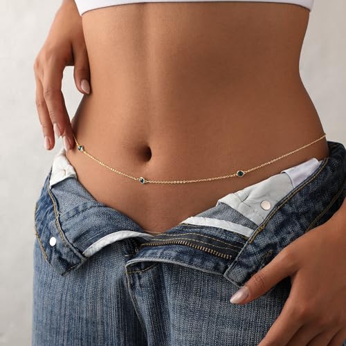 Waist Chain for Women 14K Gold/Silver Plated Body Chain Beads Link Belly Chains Belly Belt Waist Beads Chains Adjustable Sexy Bikini Body Jewelry Daily Belts Gifts for Women - style: Dark Blue CZ Chain-GD