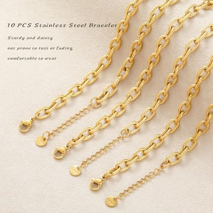 10 PCS Bracelets for Women Stainless Steel Chain Link Bracelet Set | 6.7 Inches with Extender, Jewelry Gifts for DIY, Chains Bulk, Oval, Curb, Figaro Chains, 18K Gold Plated, Silver, Chunky - color: Oval Gold