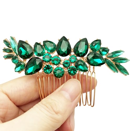 Bridal Crystal Hair Accessories Small Wedding Gold Hair Piece with Comb for Women Girls (Green) - color: Green