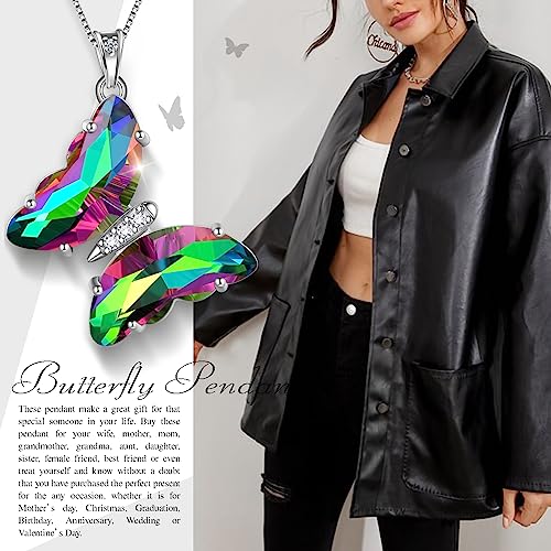 Aurora Tears Butterfly Necklace Earrings Ring Bracelet - Women 925 Sterling Silver Animal Butterflies Birthstone Pendant Crystal Wedding Birthday Jewelry - color: pendant-O.rainbow