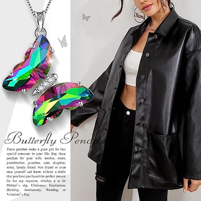 Aurora Tears Butterfly Necklace Earrings Ring Bracelet - Women 925 Sterling Silver Animal Butterflies Birthstone Pendant Crystal Wedding Birthday Jewelry - color: pendant-O.rainbow