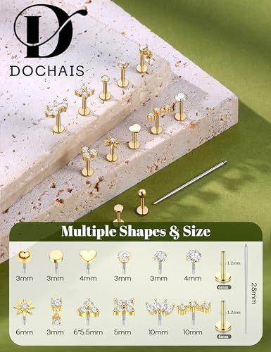 TEN MIRO Flat Back Stud Cartilage Earring for Women Tragus Piercing Jewelry | 16G 18G 20G Hypoallergenic Earrings, Gold Silver Surgical Steel Nose Studs Internal Thread Conch Ring, Helix Piercing Jewelry - color: Gold, size: 1.2mm*6mm (16G)