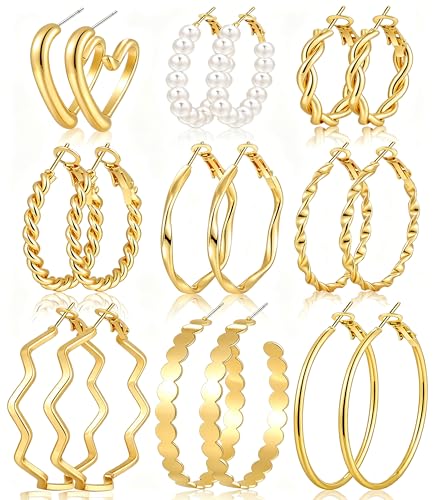 12 Pairs Gold Hoop Earrings Set for Women, Lightweight Big/Large Hoop Earrings Multipack, Hypoallergenic Gold Hoops Earrings Pack for Jewelry Gift 30mm/40mm/50mm - color: gold-9 pairs