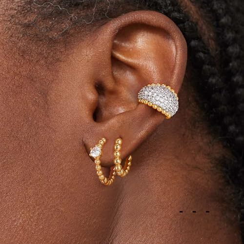 Dremmy Studios Dainty CZ Huggie Hoop Earrings 14K Gold Plated Chunky Simple Cute Thick Round Frill Bead Ball Starburst Cuff Earrings Cubic Zirconia Hoop Earrings Minimalist Personalized Gift for Her - color: Bead C