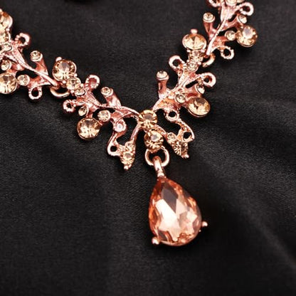3Pcs Austrian Crystal Jewelry Set for Women, Necklace Dangle Earrings Link Bracelet Jewelry Set with Gold/Platinum/Gun Plated, Wedding Party Jewelry for Bridal Bridesmaid - color: Peach-Rose Plated