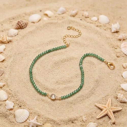 Raicegs Anklets for Women Handmade Beach Boho Ankle Bracelet 3mm Natural Stone Beaded Ankle Bracelet 14K Gold Plated Zircon Pendant Adjustable Crystal Gemstone Anklet Jewelry Gift for Her - color: Green Aventurine