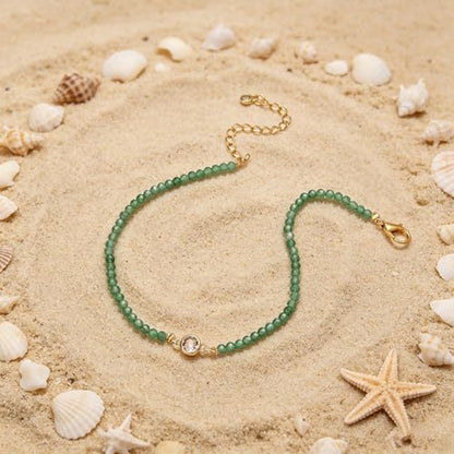 Raicegs Anklets for Women Handmade Beach Boho Ankle Bracelet 3mm Natural Stone Beaded Ankle Bracelet 14K Gold Plated Zircon Pendant Adjustable Crystal Gemstone Anklet Jewelry Gift for Her - color: Green Aventurine