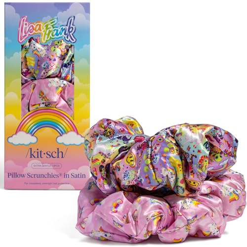 Lisa Frank x Kitsch Pillow Satin Scrunchies for Women - 2pcs | Wake Up Frizz-Free, No Crease Large Hair Ties, Softer Than Silk Scrunchies, Stylish Hair Accessories For All Hair Types - color: Lisa Frank