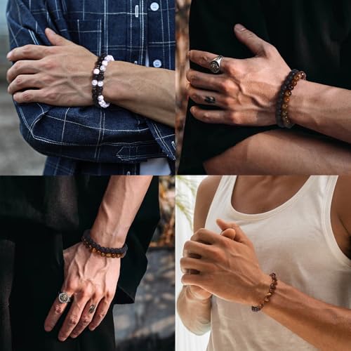 Giovanchi 4-12PCS Bracelets for Men, 8MM Mens Bracelets Lava Rock Black Obsidian Howlite Tiger Eye Beaded Natural Stone Bracelet Jewelry Gifts for Birthday Christmas - style: 4Pcs D