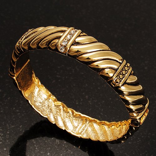 Avalaya Gold Plated Rope -Textured Crystal Hinged Bangle Bracelet