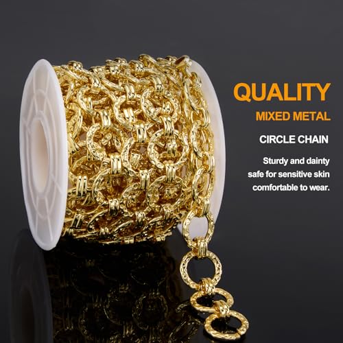 KYUMHOO 6.5 Feet Embossed Circle Chain Link for Jewelry Making | 18K Gold Plated Jewelry Making Chains Bulk on Spool with Jump Rings Lobster Clasps Necklace Bracelet DIY Chain Findings - color: Embossed Circle Gold