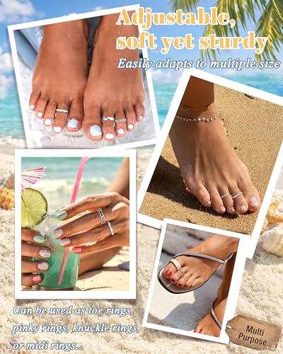 Besteel 6 PCS Toe Rings for Women - 14K Gold Filled Non Tarnish Waterproof | Adjustable Silver Toe Ring Simple Open Band Hug CZ Chunky Flower Toe Rings Set Trendy Summer Beach Foot Jewelry for Women - style: Silver: heart&flower toe ring