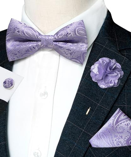 JEMYGINS Mens Paisley Bow Tie and Lapel Pin Necktie Pocket Square and Tie Clip with Sets for Business Casual 4PCS - color: Lavender