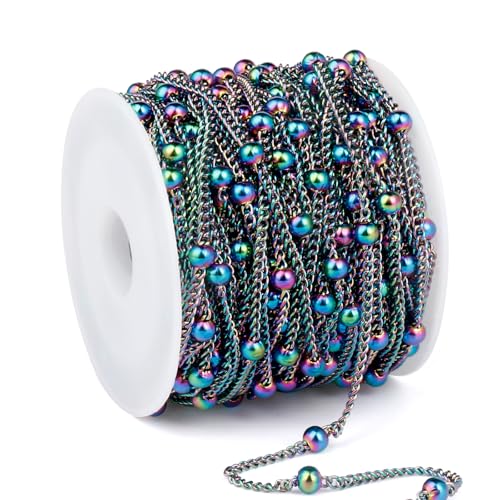 33FT 2mm Multicolor Satellite Bead Chains Roll Bulk for Jewelry Making | 304 Stainless Steel Rainbow Ball Beaded Twisted Curb Link Chains Spool for DIY Craft - color: Colorful Big Beads Satellite Curb Chain