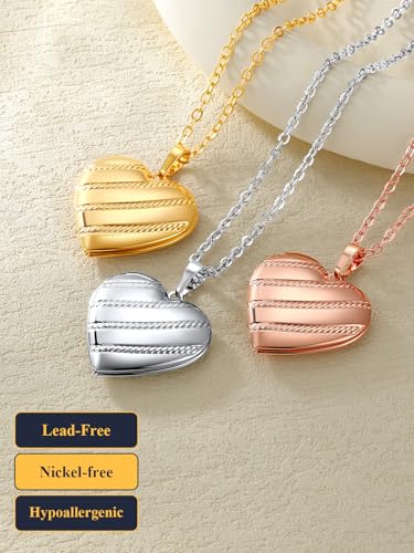 U7 Women Locket Necklace, Heart Photo Lockets Hold Picture, Gift Box Packed | Gold/Silver/Rose Locket Charm, Custom Picture and Engravement Heart Pendant, 20" Chain, Personalized Gift for Mom Wife Friend - color: 05# Rose Gold Stripe