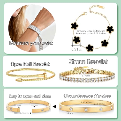 Gold Bracelets for Women, 18K Gold Plated Women Tennis Bracelets Clover Nail Love Bangle Bracelet Set, Gold Bracelet Stackable Set Trendy Jewelry, Gifts for Women's Day and Mother's Day - color: 03-Color-black