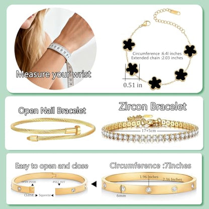 Gold Bracelets for Women, 18K Gold Plated Women Tennis Bracelets Clover Nail Love Bangle Bracelet Set, Gold Bracelet Stackable Set Trendy Jewelry, Gifts for Women's Day and Mother's Day - color: 03-Color-black
