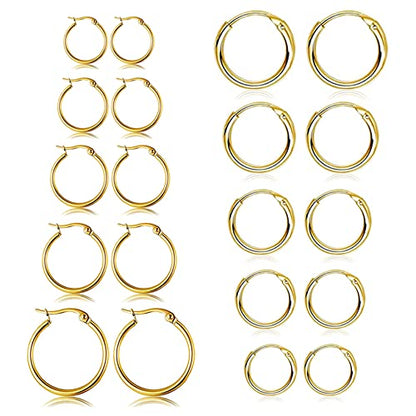 5-10 Pairs Small Gold Silver Hoop Earrings for Women, Stainless Steel Earrings Set Mens Lightweight Thin Hypoallergenic Small Hoops Set - style: 10pc-Glod