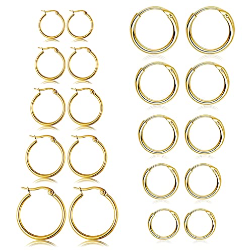5-10 Pairs Small Gold Silver Hoop Earrings for Women, Stainless Steel Earrings Set Mens Lightweight Thin Hypoallergenic Small Hoops Set - style: 10pc-Glod
