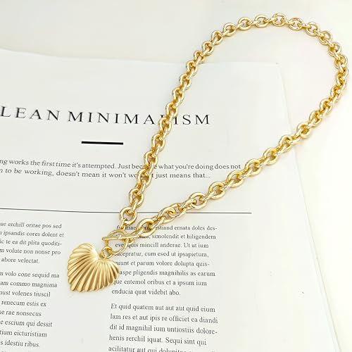 Zeffy 14K Gold/Silver Plated Chunky Thick Chain Toggle Clasp Necklace Dainty Baroque Pearl/Heart/Cross/Turquoise Pendant Necklace - color: Gold Big Shell Heart Necklace