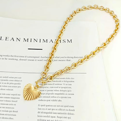 Zeffy 14K Gold/Silver Plated Chunky Thick Chain Toggle Clasp Necklace Dainty Baroque Pearl/Heart/Cross/Turquoise Pendant Necklace - color: Gold Big Shell Heart Necklace