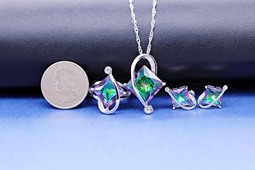Uloveido Charm Created Topaz Big Square Crystal Necklace Matching Stud Earrings Rings Jewelry Set T295 - color: Rainbow