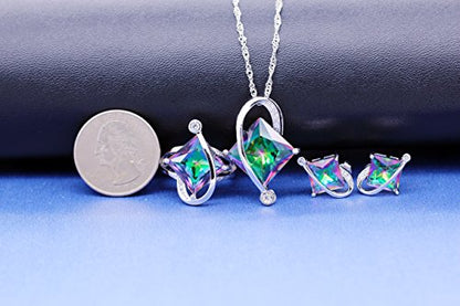 Uloveido Charm Created Topaz Big Square Crystal Necklace Matching Stud Earrings Rings Jewelry Set T295 - color: Rainbow