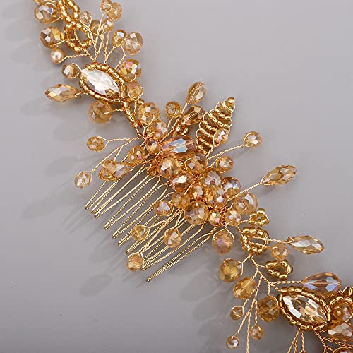Chargances Crystal Beaded Bridal Pearl Leaf Hair Comb Rhinestone Handmade Headpiece for Wedding Prom Flower Girl (Orange) - color: Orange