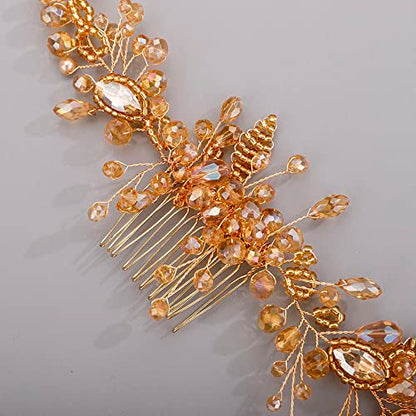 Chargances Crystal Beaded Bridal Pearl Leaf Hair Comb Rhinestone Handmade Headpiece for Wedding Prom Flower Girl (Orange) - color: Orange