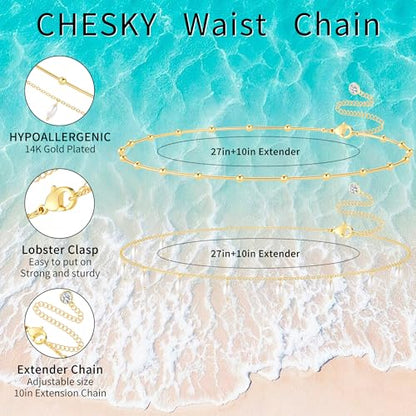 CHESKY Waist Beads for Women, 14k Gold Plated Waist Chain Gold Chain Belt for Womens Simple Body Chain Jewelry Belly Chain Beach Accessories Dainty Gold Jewelry for Women Gifts Rave Outfits for Womens - style: pearl chain-gold