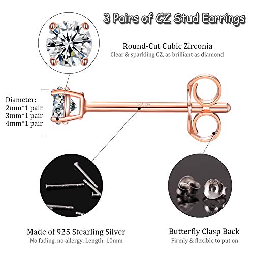EPIRORA Sterling Silver Stud Earrings for Women- 3 Pairs Tiny Ball Stud Earrings Round CZ Cubic Zirconia Earrings Pearl Earrings Set Cartilage Small Tragus Earrings(2mm,3mm,4mm) - style: CZ earrings(2mm,3mm,4mm)-Rose gold
