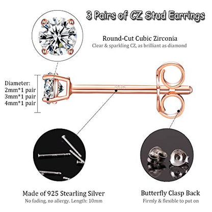 EPIRORA Sterling Silver Stud Earrings for Women- 3 Pairs Tiny Ball Stud Earrings Round CZ Cubic Zirconia Earrings Pearl Earrings Set Cartilage Small Tragus Earrings(2mm,3mm,4mm) - style: CZ earrings(2mm,3mm,4mm)-Rose gold