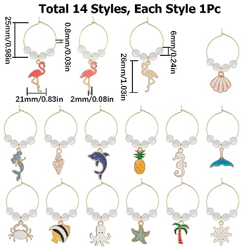 SUNNYCLUE 1 Box 14Pcs Glass Markers Bulk Glass Identifiers Wine Markers Charms Stafish Shells Suummer Ocean Hawaii Wine Identifiers for Gathering Wedding Gifts Party Favor Drinks Decor Supplies - style: 14 Sets Golden Tone Ocean Themed Wine Charms & Upgra