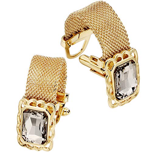 HAWSON Mens Cufflinks with Chain - Stone and Shiny Gold Tone Shirt Accessories - Party Gifts for Young Men - color: 24K Gold Color+Black Diamond Crystal