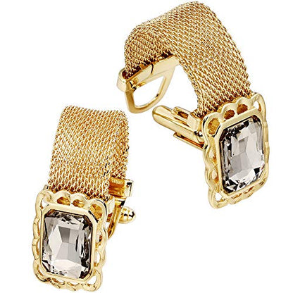 HAWSON Mens Cufflinks with Chain - Stone and Shiny Gold Tone Shirt Accessories - Party Gifts for Young Men - color: 24K Gold Color+Black Diamond Crystal