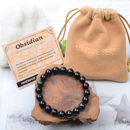 MASSIVE BEADS Handmade Yoga Stretch Elastic Bracelet Natural Stone Crystal Healing Power Energy Gifts for Unisex Adult 4mm 6mm 8mm 10mm - color: Black Obsidian(Pleasure), size: 10mm