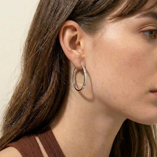 RoseJeopal 925 Sterling Silver Flat Hoop Earrings for Women 20/30/40/50MM | 14K White Gold Plated, Hypoallergenic, Lightweight, Flat Hoop, Jewelry Gift - color: Silver-30MM