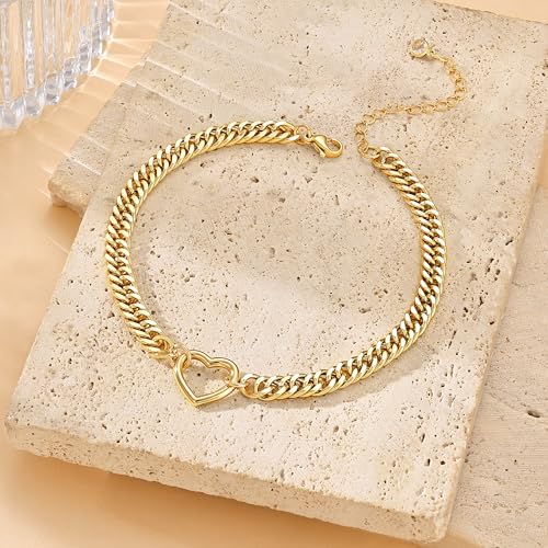 Moodear Gold Ankle Bracelets for Women Waterproof,14K Gold Plated Anklets | Waterproof, Non Tarnish Cuban Link Anklets, Trendy Jewelry Accessories for Summer Vacation, Beach Gifts for Women - style: Cuban Heart